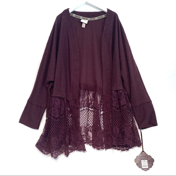 Knox Rose Sweaters - Knox Rose Deep Maroon Lace Hem Cardigan NWT